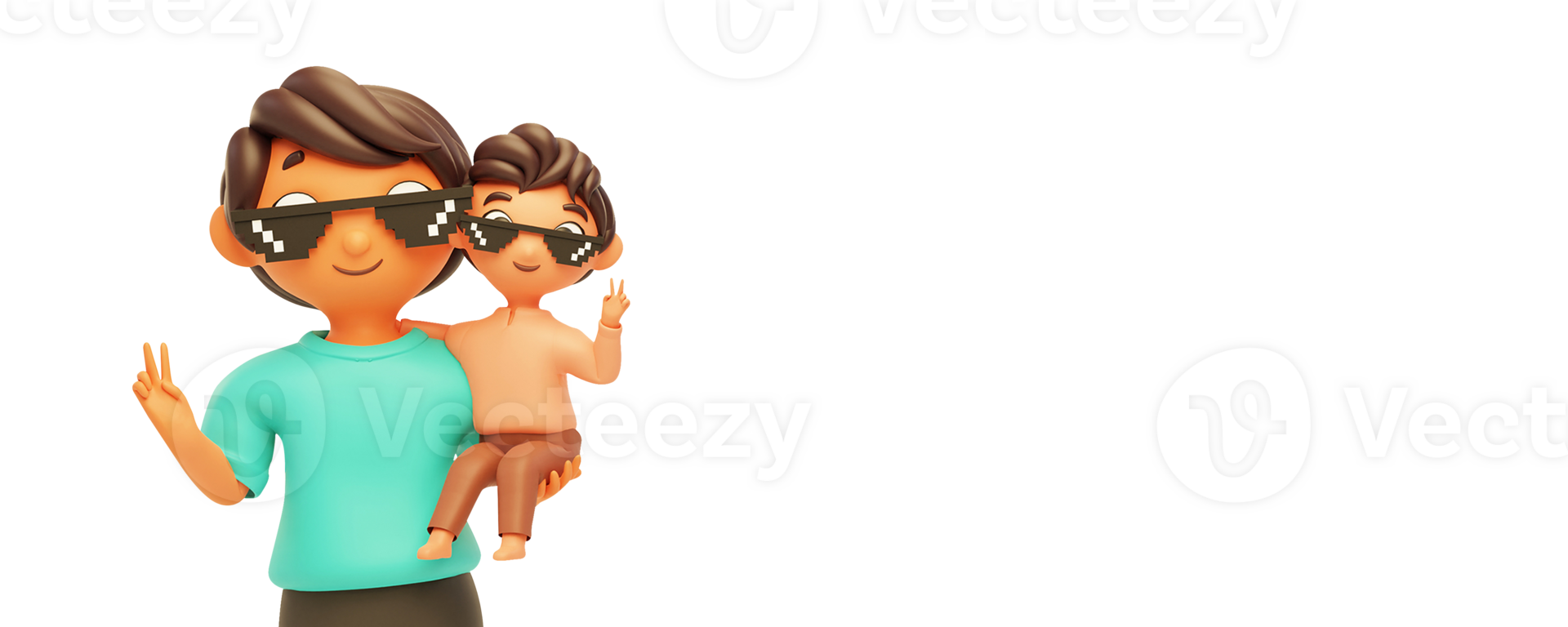 3D Cartoon Man With His Son Giving Peace Gesture On White Background. png