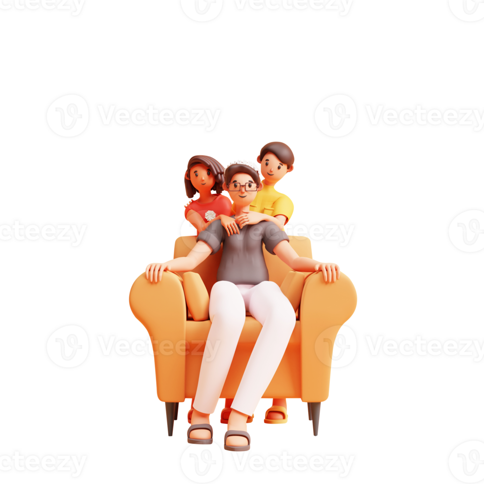 3D Render Boy And Girl Stand Behind Father Sitting At Sofa For Happy Father's Day Concept. png