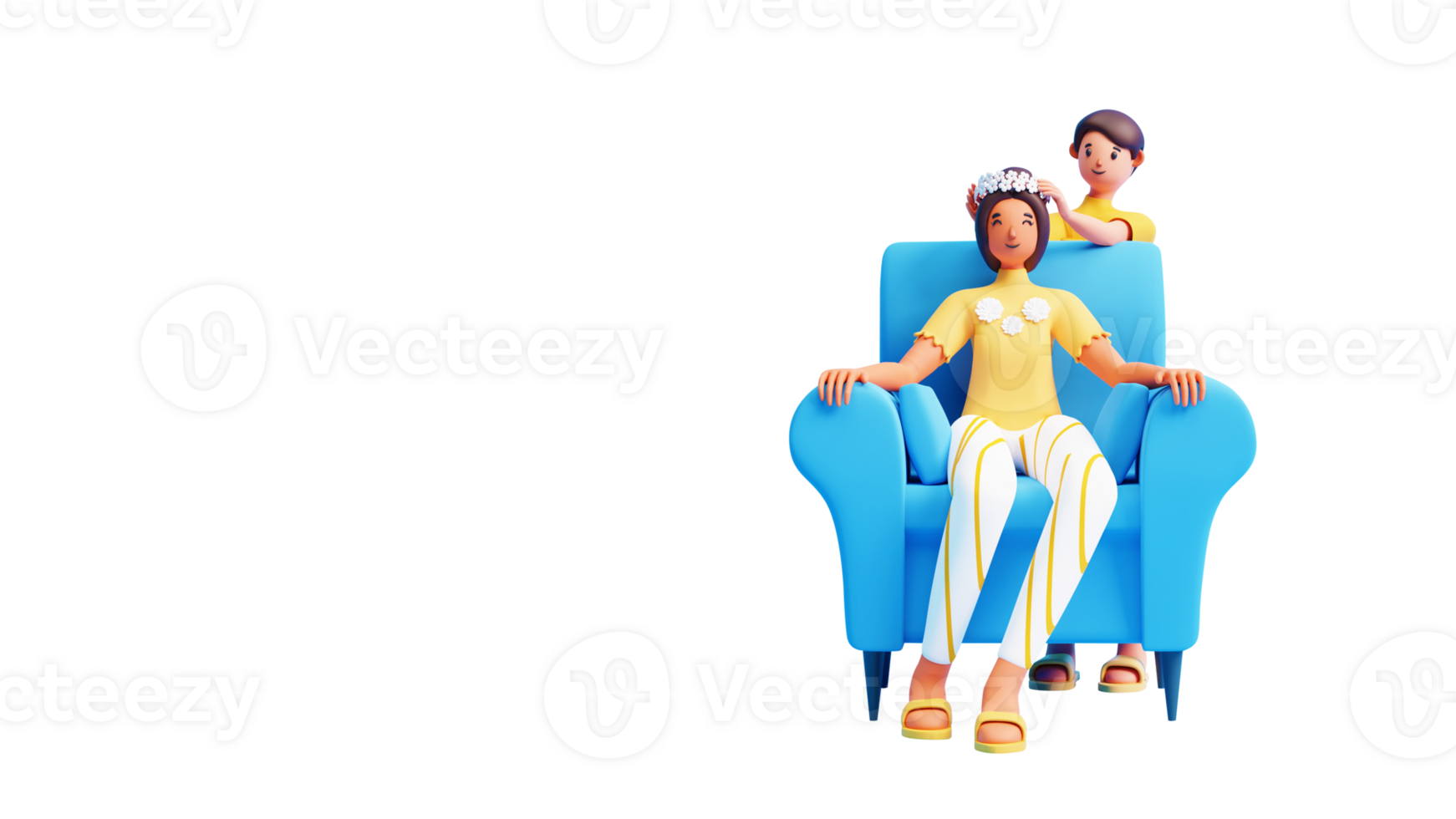 3D Young Boy Wear Crown To His Mom At Sofa On White Background. png