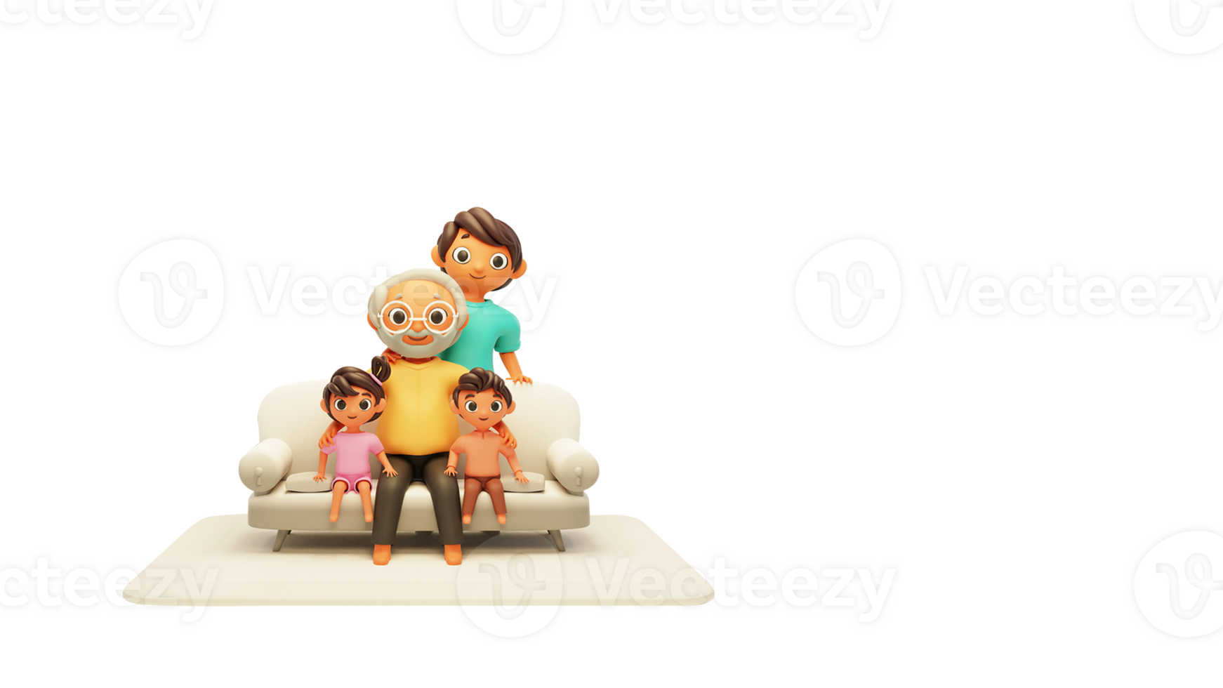 3D Grandfather, Grand Kids And Son Character Sitting At Sofa. png