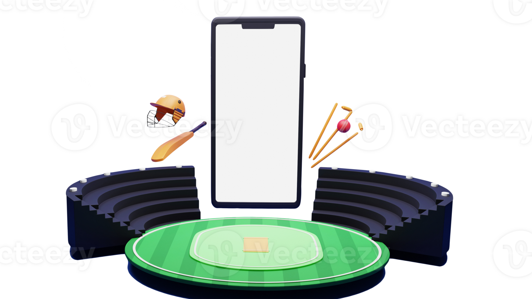 3d Kricket Stadion Aussicht mit Turnier Ausrüstung, Smartphone und Kopieren Raum auf Weiß Hintergrund. png
