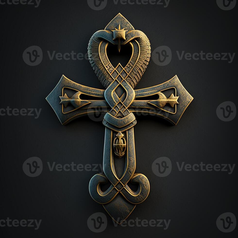 Ancient golden ankh symbol isolated on dark background. Illustration of an Egyptian cross in digital form. The ancient Egyptians used the Ankh as a symbol for eternal life. photo