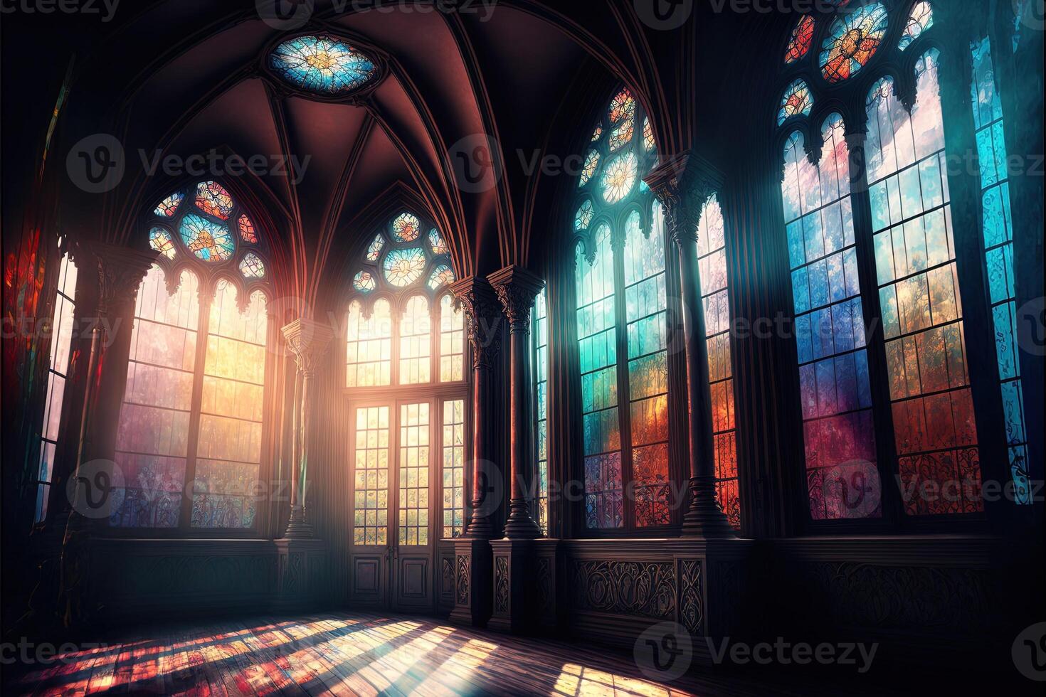 Palace interior with high stained-glass windows made of multicolored glass, an old majestic hall, sun rays through the windows. Dark fantasy interior. photo