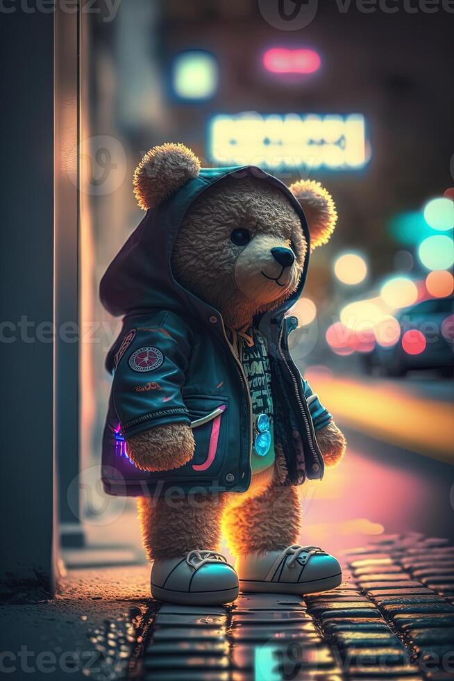 toy cute Bear in clothes jacket and sneakers on street background with neon lighting, photo