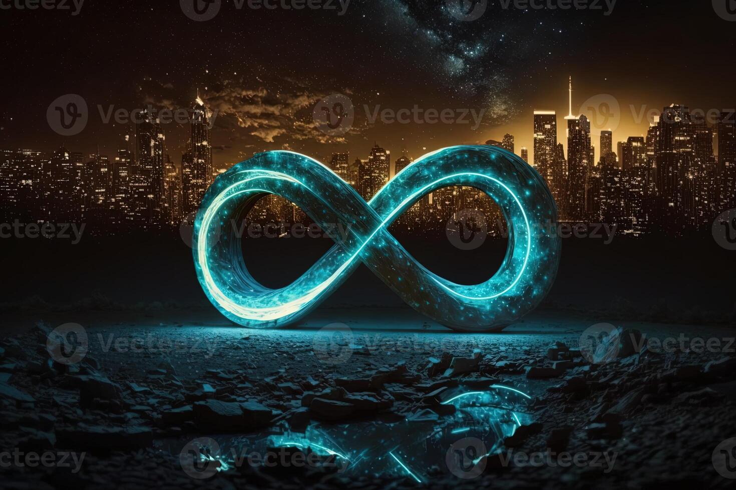 glowing neon infinity symbol in the night. . Infinity, eternity, infinite, endless, loop symbols. photo