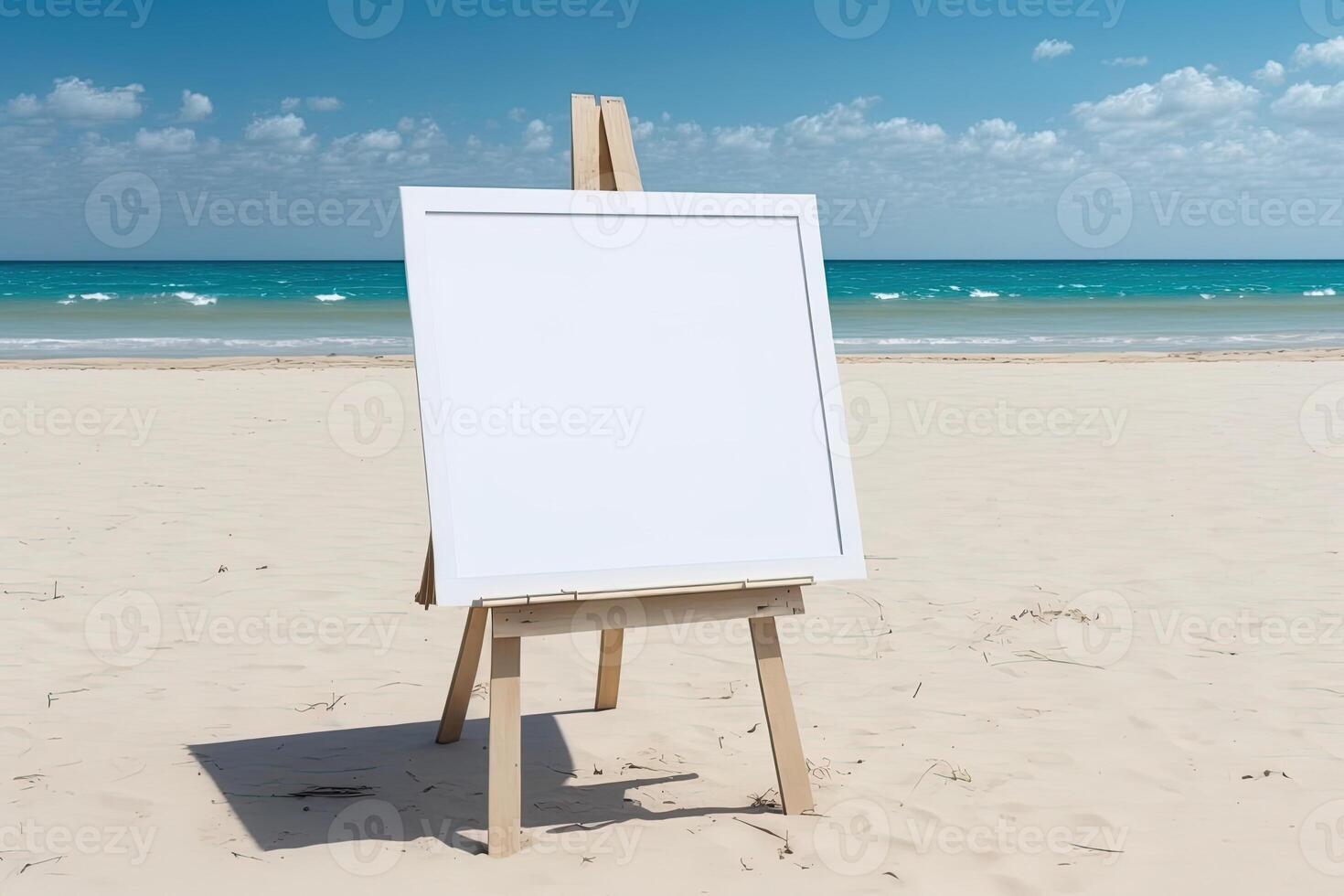 White blank artist frame on a small wooden easel on summer sea beach background with copy space. Advertising mockup artboard for pictures or artwork. Painting frame template banner. photo