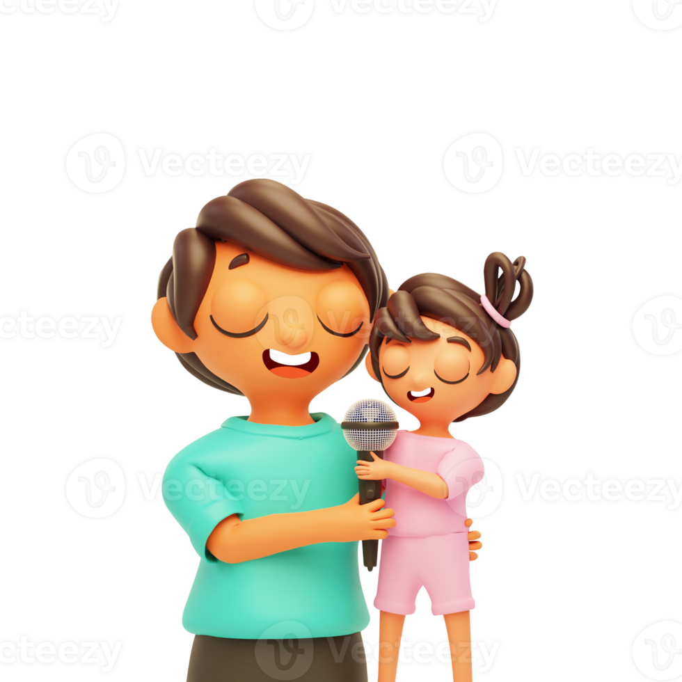 3D Young Man And His Daughter Singing Together From Mic For Happy Father's Day Concept. png