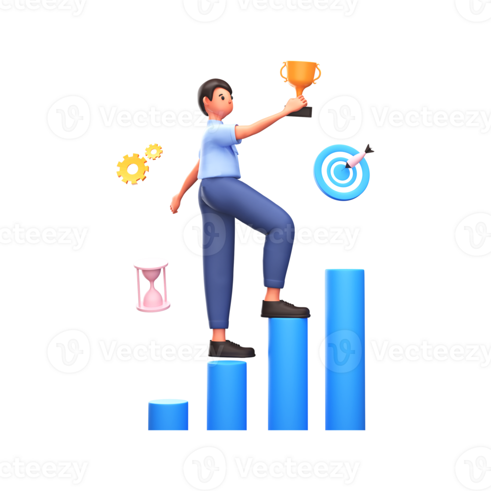 3D Render of Businessman Holding Trophy Cup At Bar Graph With Target Board, Cog Wheel, Hourglass On White Background. png
