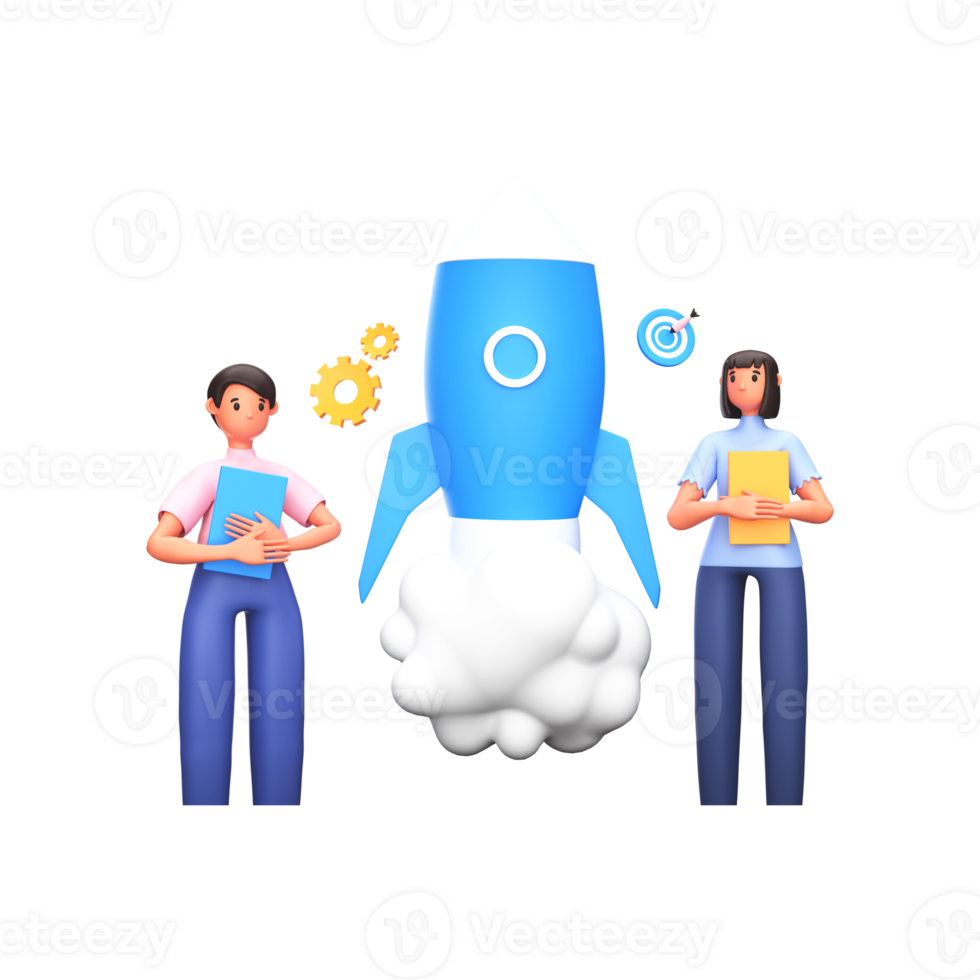 3D Render of Young Man And Woman Launching A Project Of Rocket On White Background. png