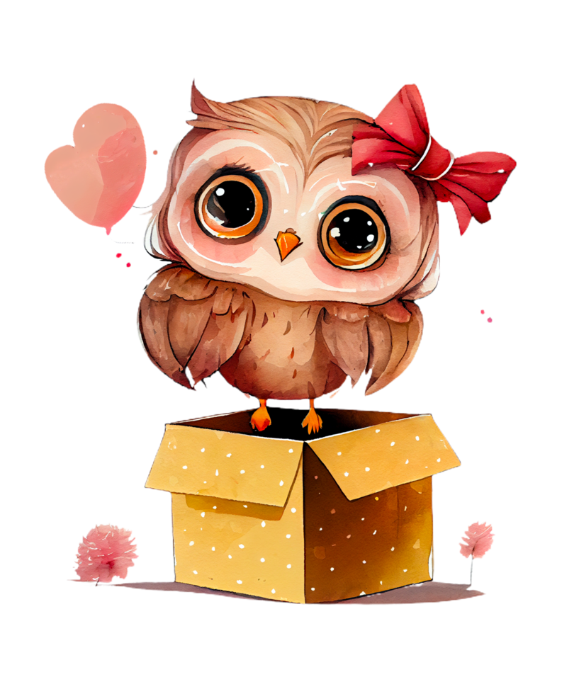 Cute Owl girl in gift box Watercolor Sublimation png