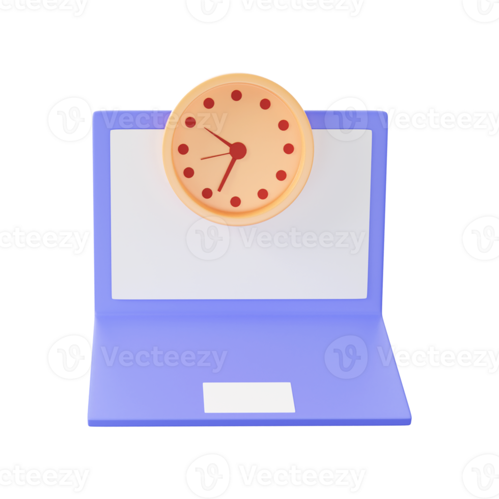 3D Illustration of Clock With Laptop Yellow And Violet Icon. png