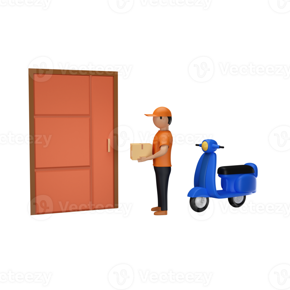 3D Render Of Faceless Delivery Boy Holding Parcel In Front Of Door And Scooter On White Background. png