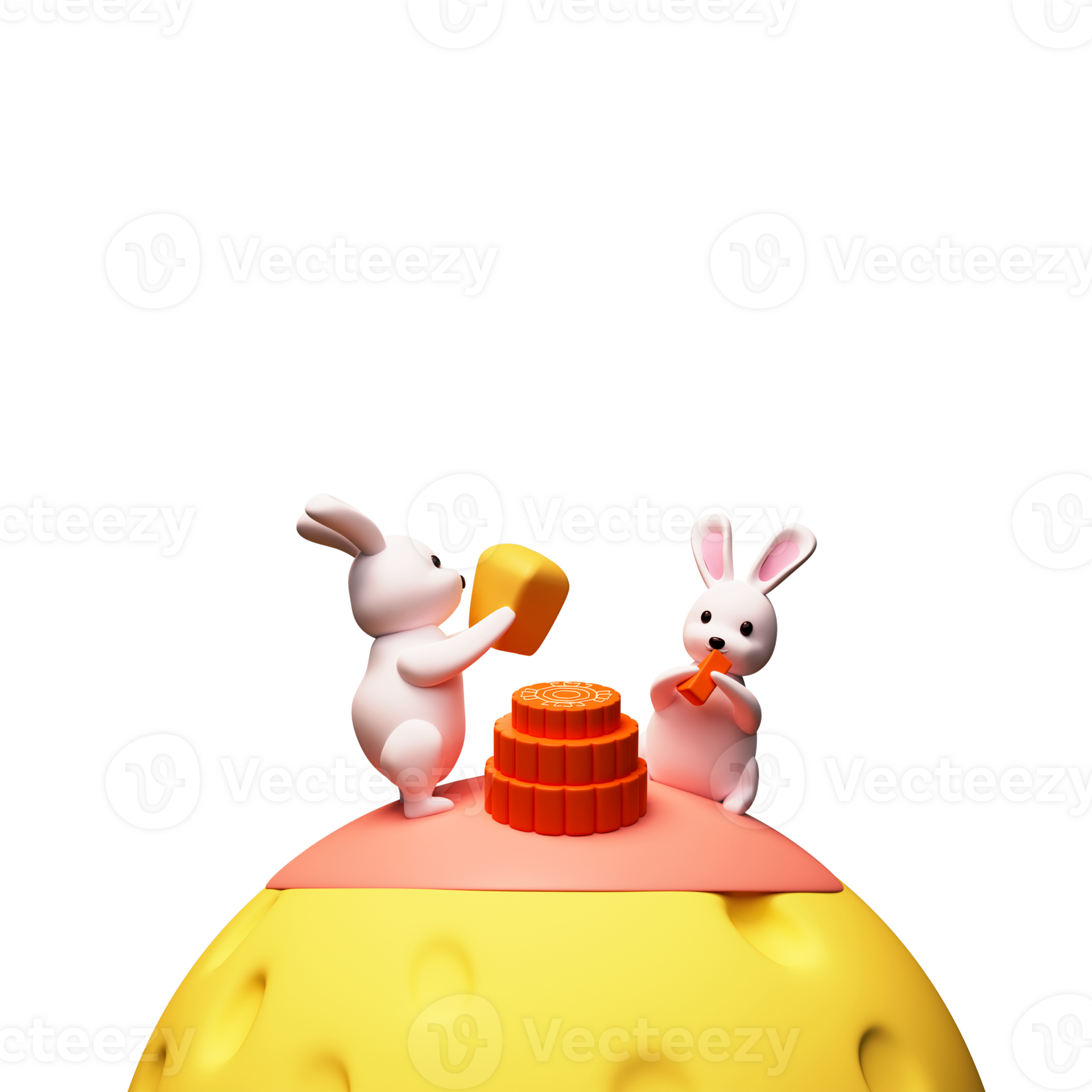 3D Rendering Cartoon Of Cute Bunny Eating Cake On Yellow Full Moon 3d-rendering-cartoon-of-cute-bunny-eating-cake-on-yellow-full-moon