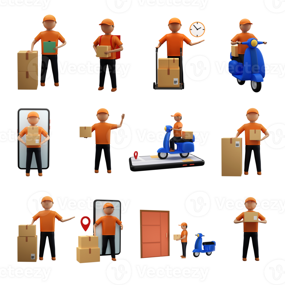 Set Of 3D Rendering Delivery Boy With Parcel Boxes Against White Background. png