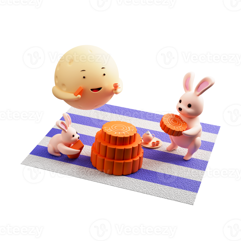 3D Render Illustration of Mid Autumn Celebrating Cartoon Bunny With Moon Enjoying Cake And Tea Over White Background. png