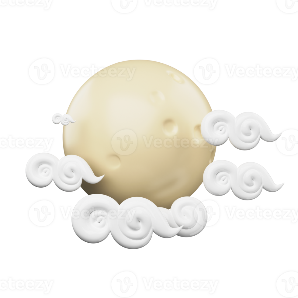 3D Render Yellow Full Moon With Cloud Over White Background. png