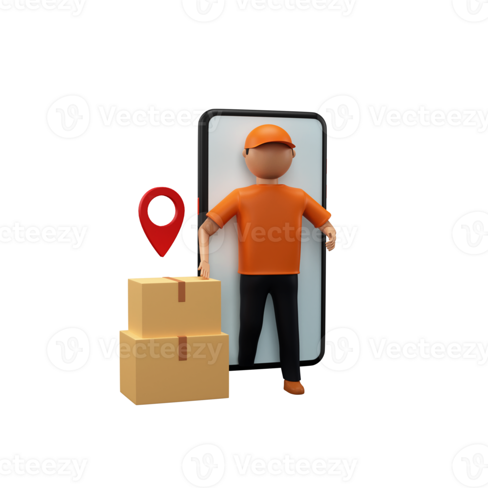 3D Render Of Faceless Delivery Boy Standing With Courier Boxes, Location Pin And Smartphone On White Background. png