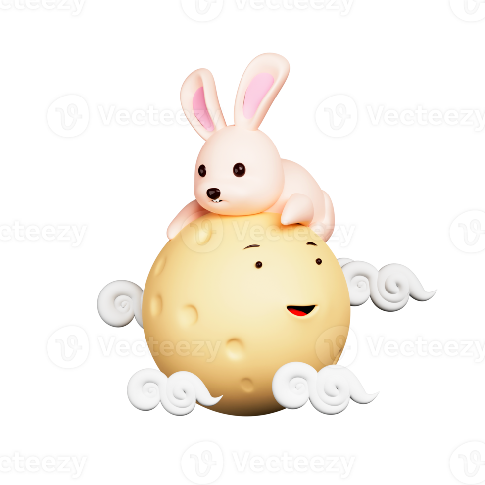 3D Render of Cute Little Bunny Sleeping On Full Moon With Cloud Over White Background. png