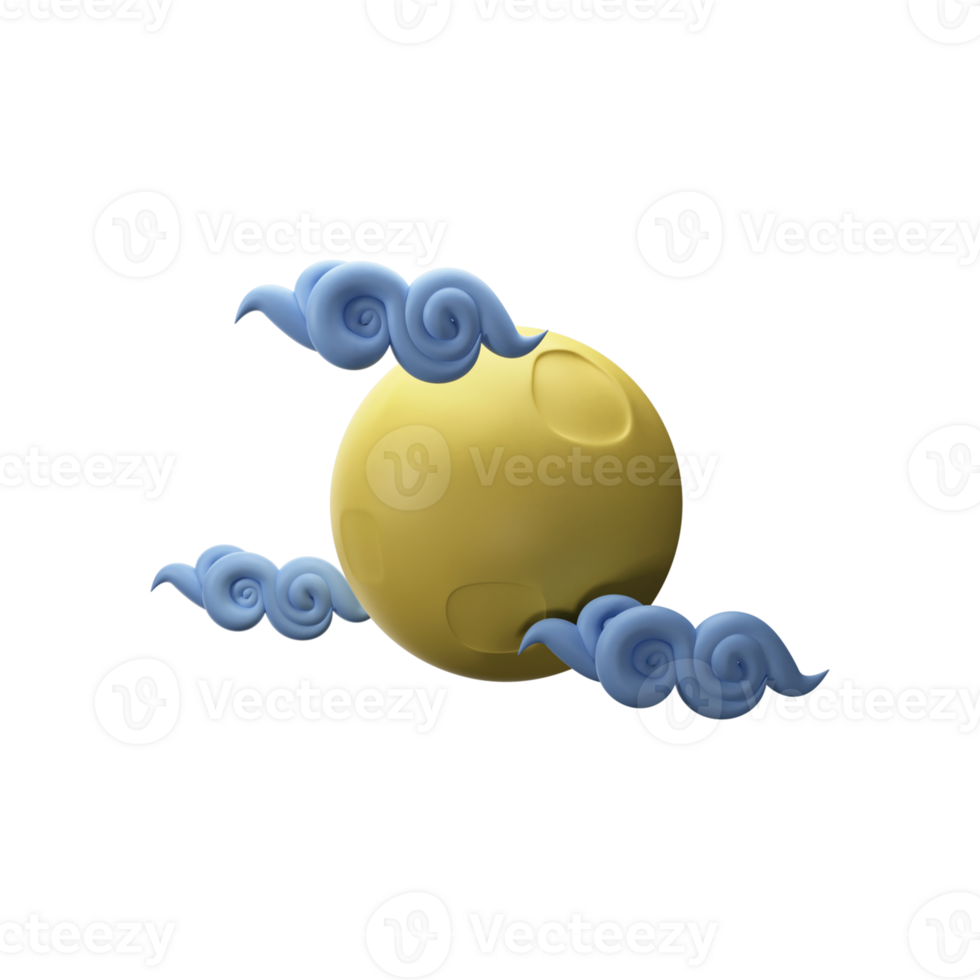 3D Wavy Cloud With Full Moon Icon In Blue And Yellow Color. png