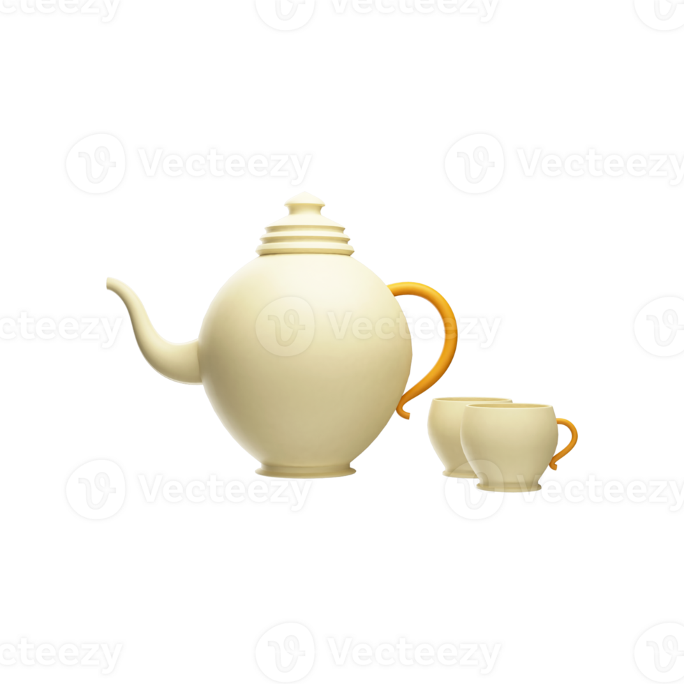 3D Render of Yellow Teapot With Two Cups Against White Background png