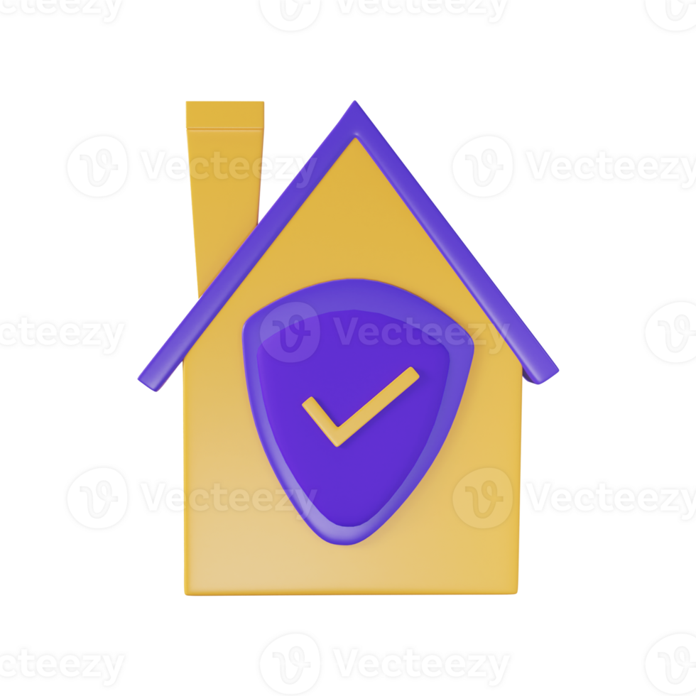 3D Illustration Of Check Home Shield Icon In Yellow And Purple Color. png