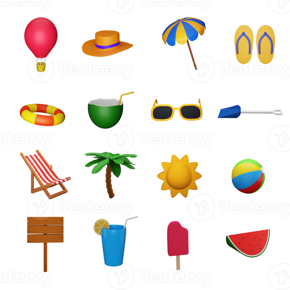 3D Rendering Style Colorful Summer Icon Set. png