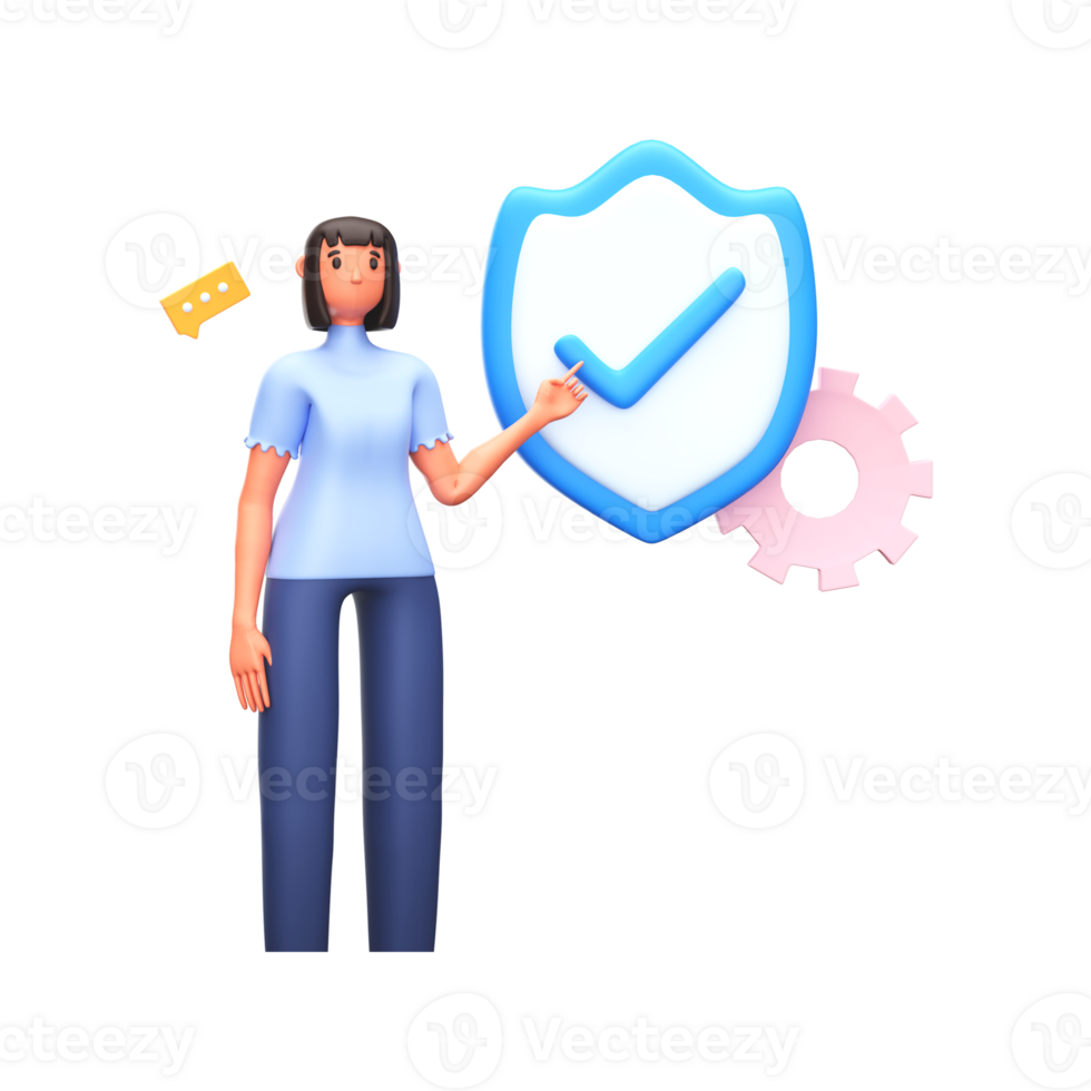 3D Render of Young Woman Standing With Approve Security Shield, Chat Box And Cogwheel On White Background. png