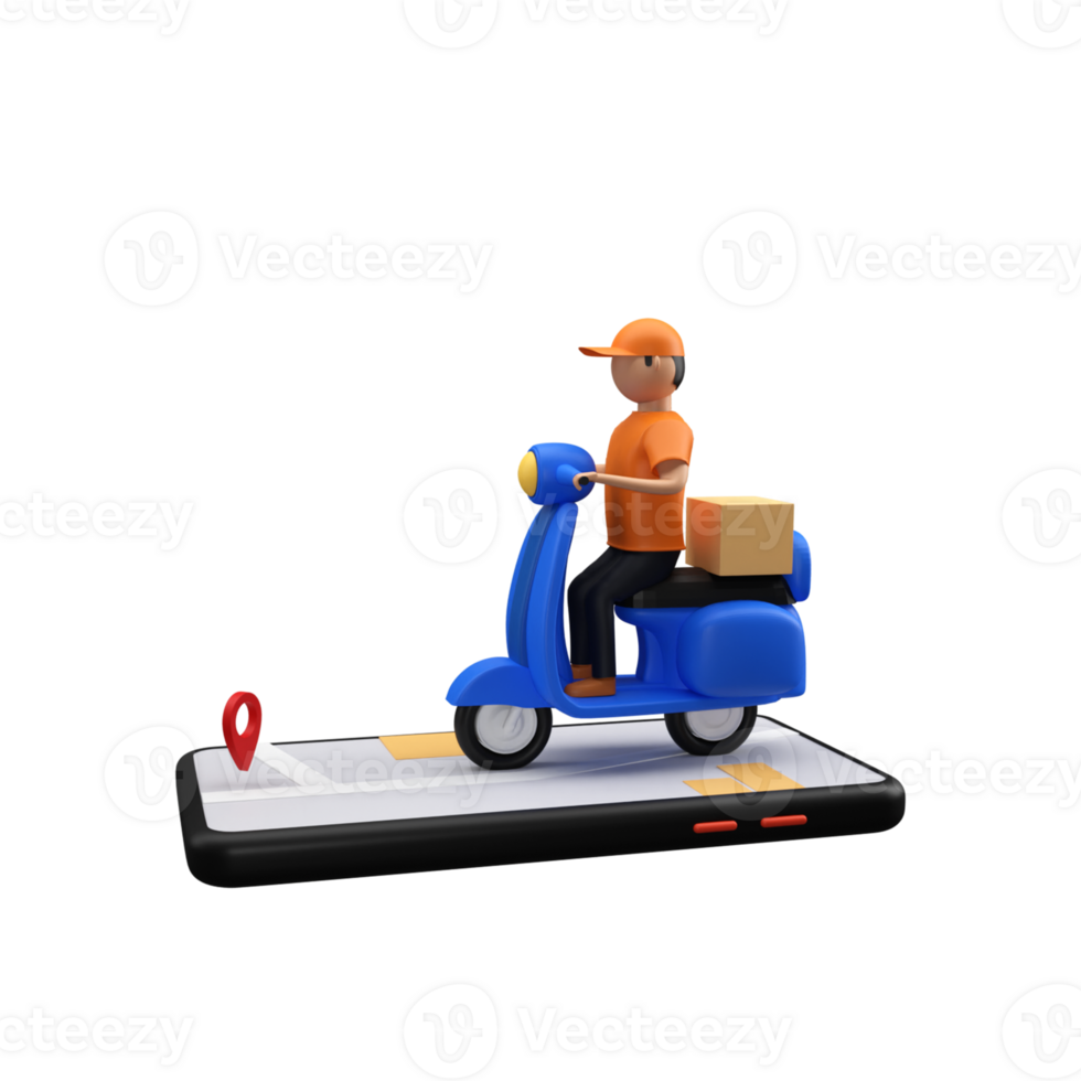 3d geven van gezichtsloos levering jongen rijden scooter met pakket doos over- smartphone scherm illustratie. png