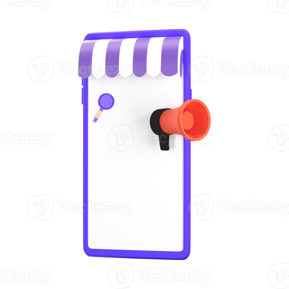 3D Illustration Of Search With Loud Speaker And Smartphone Purple Element. png