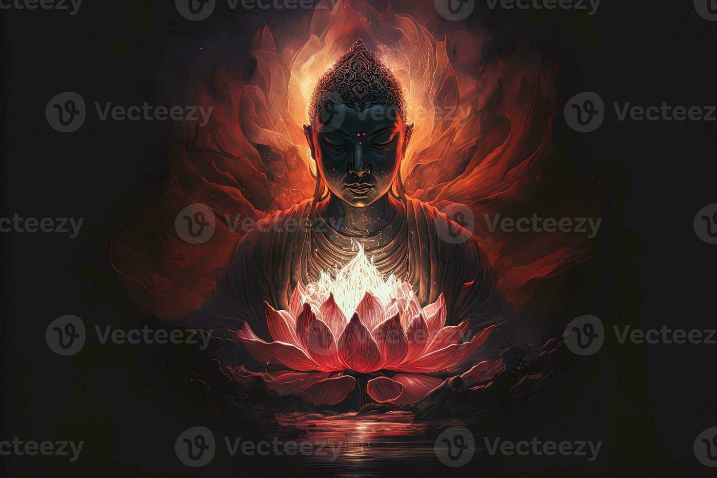 Beautiful light spectrum Buddha's light flashing, Bright red, yellow lotus flower, burning cloud-like petals, surrounded by magic chaos light, white smoke, falling reflected light, water pattern. photo