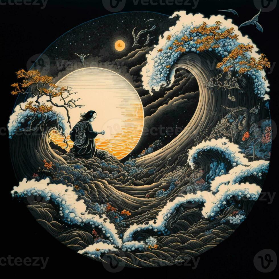 The great wave off kanagawa painting reproduction. Japanese style. Ukiyo-e style painting of the null void changing photo