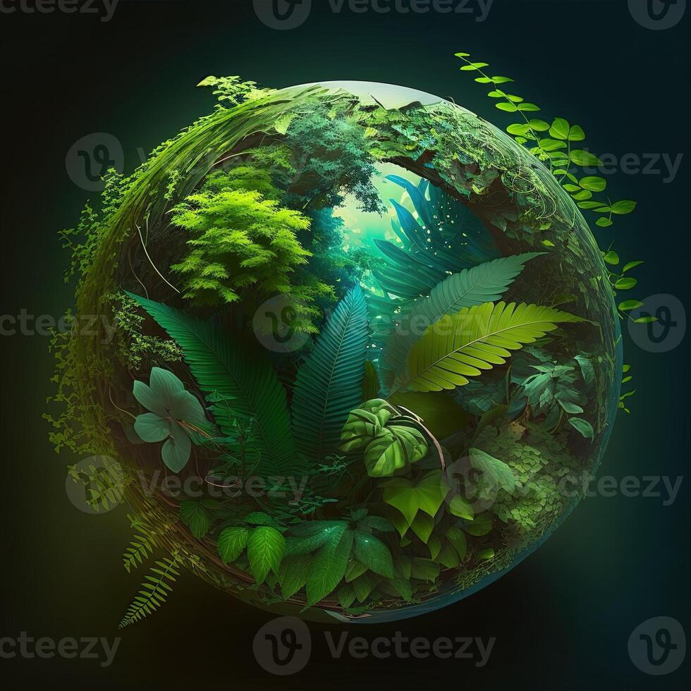 a green mini planet earth, Illustration of planet Earth with a giant tree. Energy saving, ecology and environment sustainable resources conservation concept. photo