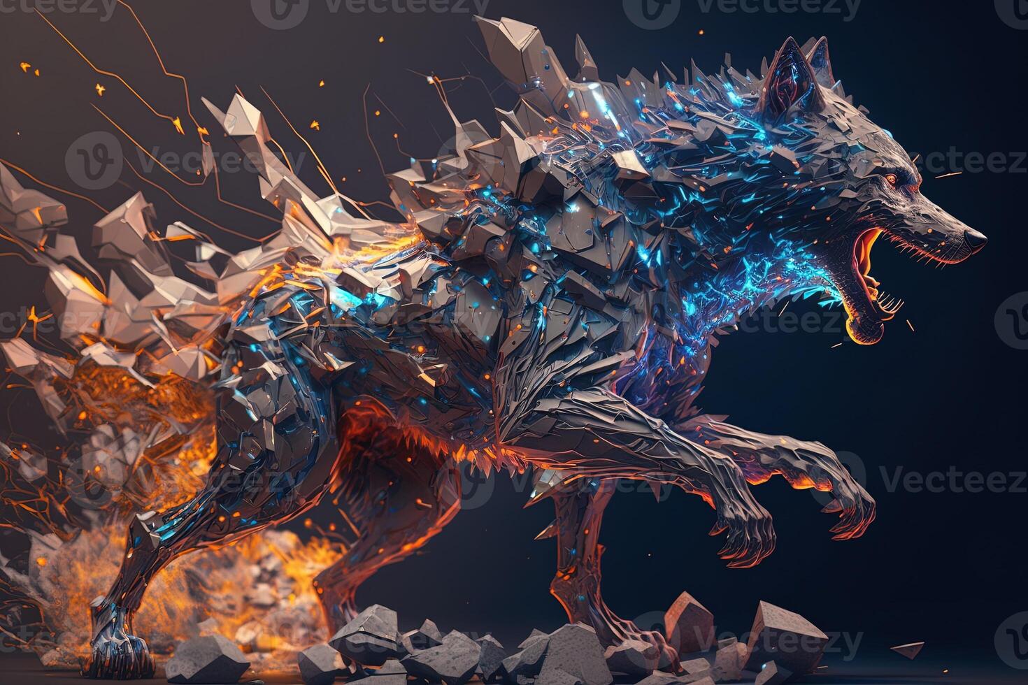 fusion of metal wolf exploding through fire surrounded by scattered glass shards and debris, cosmic energy photo