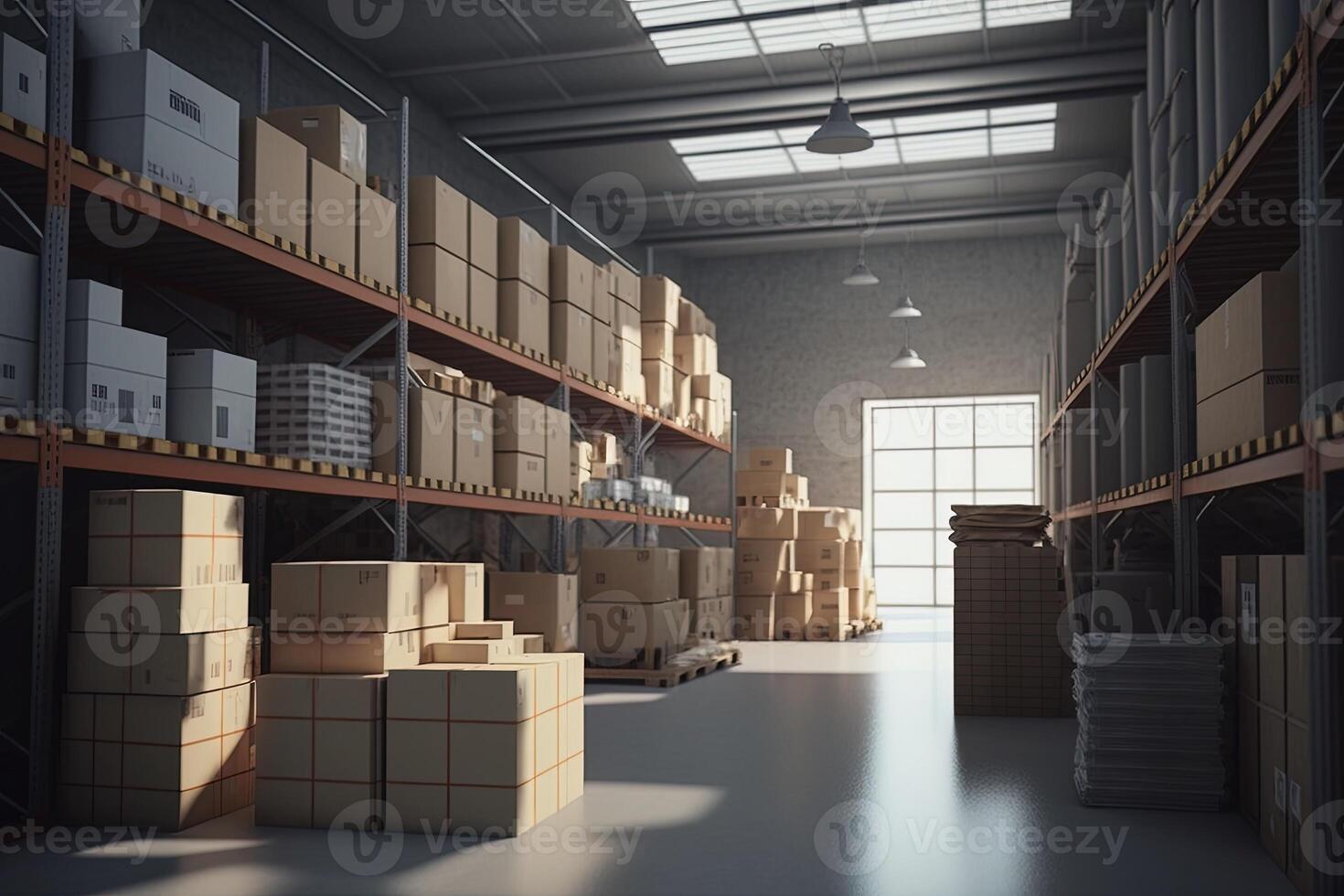 A large clean warehouse with shelfs, carboard boxes and products, . Interior of a industrial warehouse with many shelves with yellow and white box packing. photo