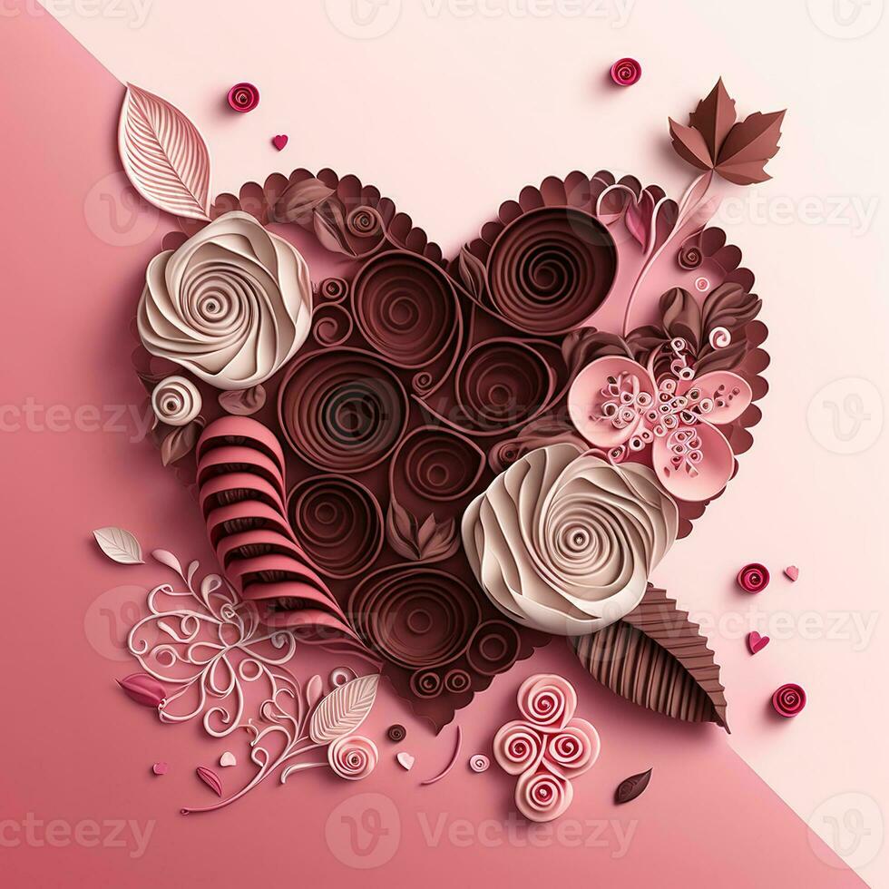 Paper cut quilling multidimensional valentine day with heart, flower and chocolate on pink background. Valentine day concept photo