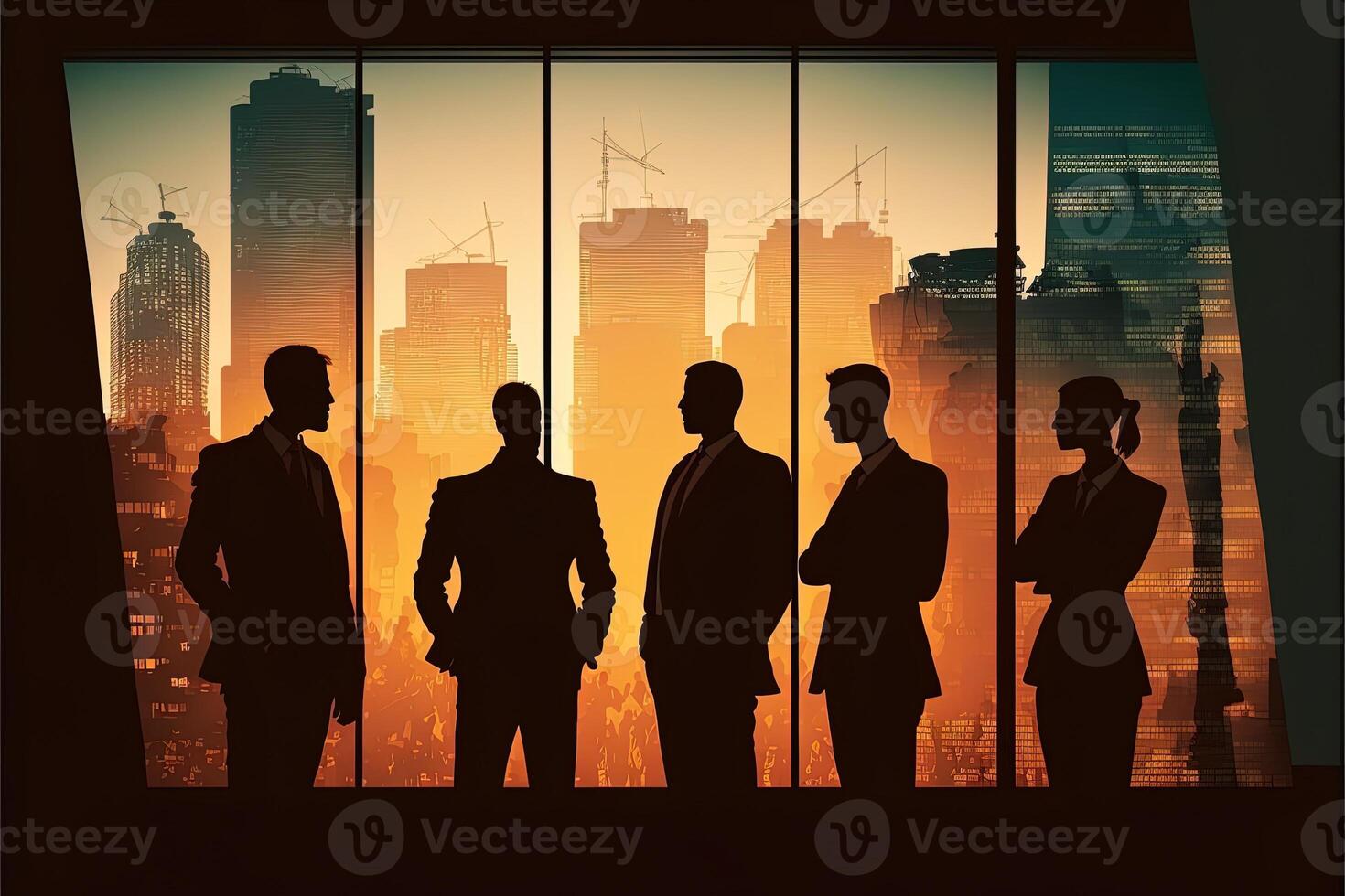 Silhouette of business people working together in office. Concept of teamwork and partnership. . Double exposure and network effects photo