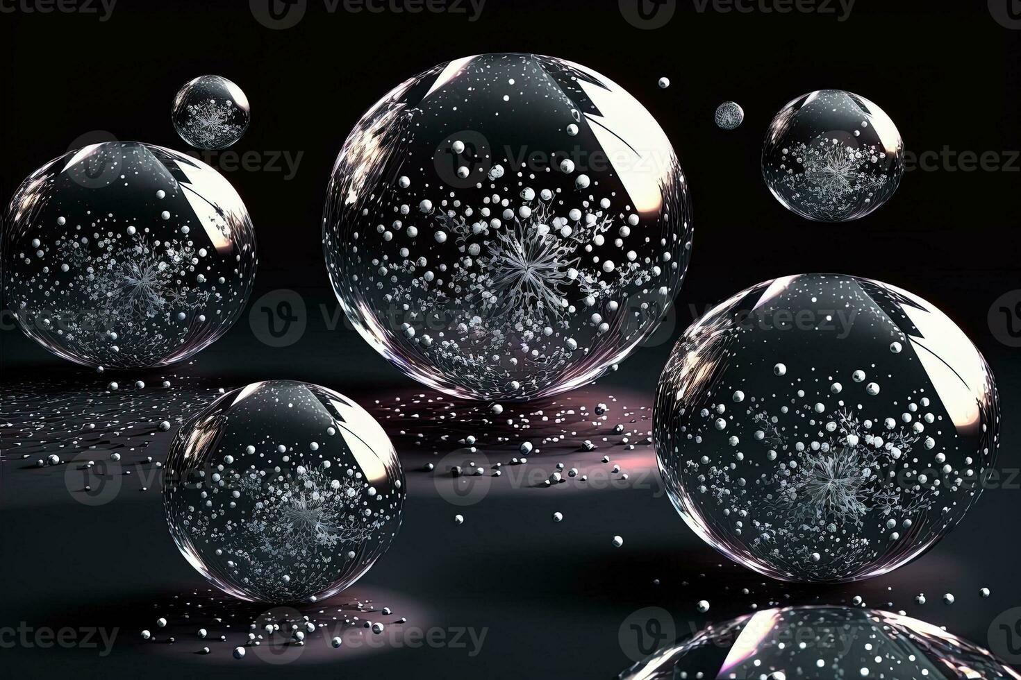 Christmas white decorations on snow with fir tree branches. Winter Decoration Background. Focus of tiny liquid mirror balls falling from the sky , each containing a tiny perfect city inside photo