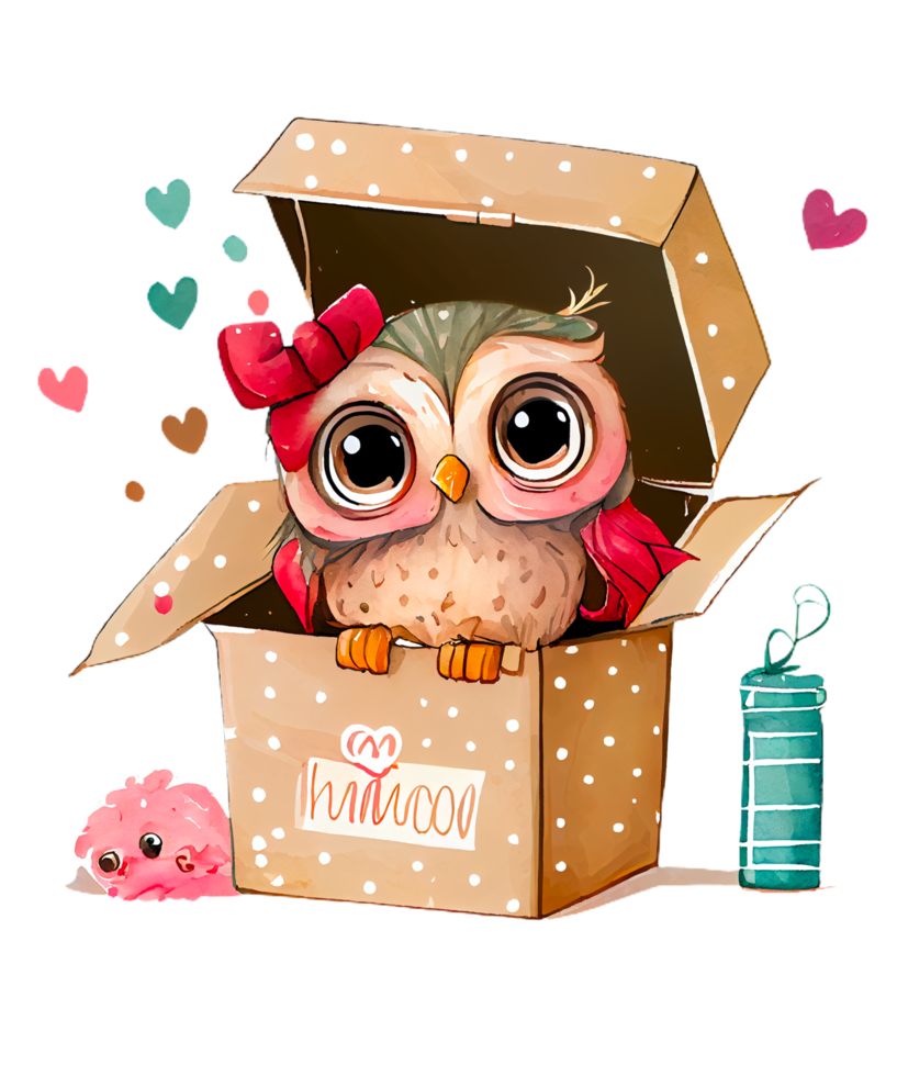 Cute Owl girl in gift box Watercolor Sublimation png