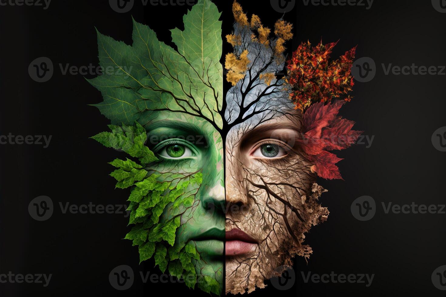 illustration of the four temporal seasons in one face, one frame, one tree. Nature concept. Digitally generated image photo