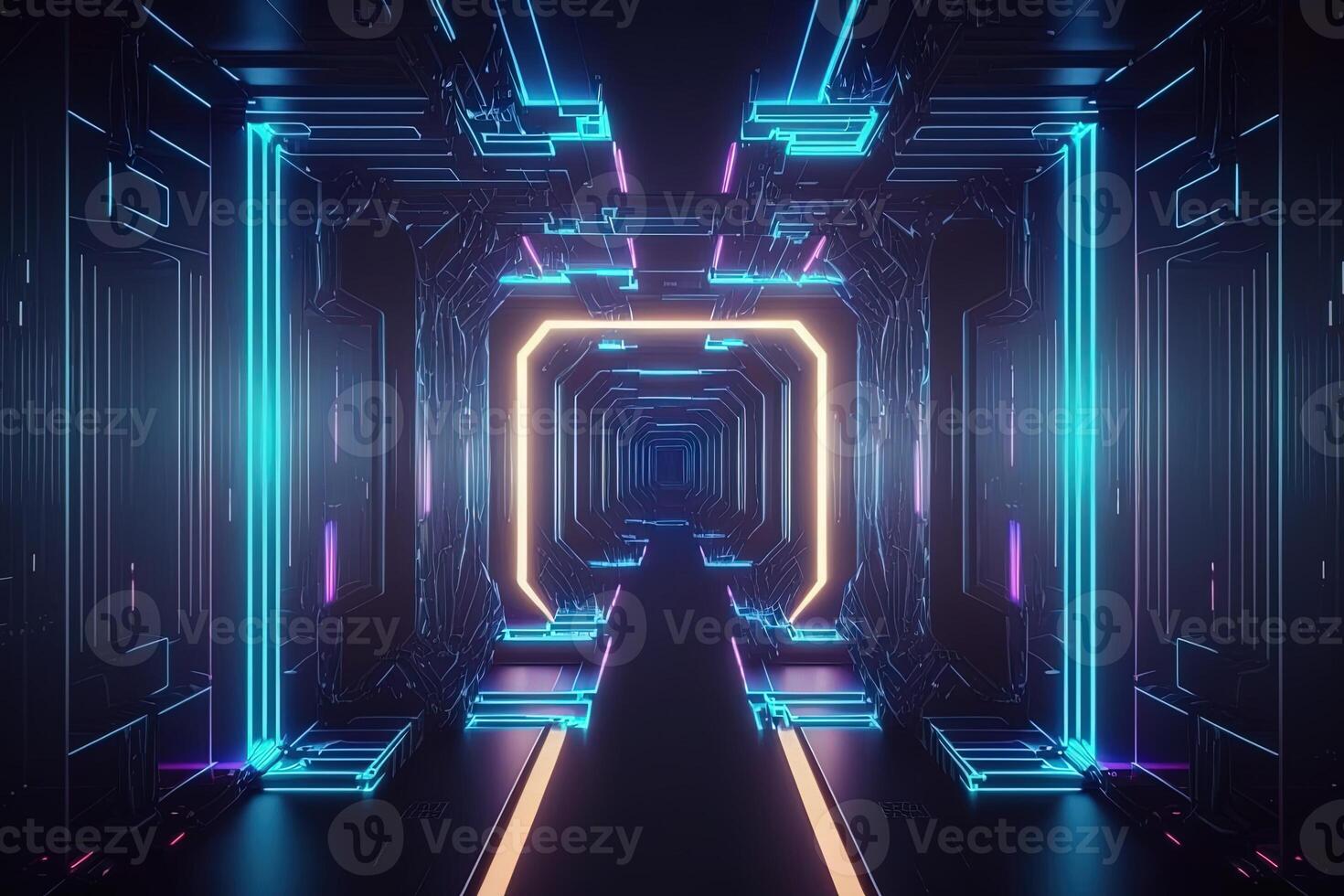 Abstract neon lights into digital technology tunnel. Futuristic technology abstract background with lines for network, big data, data center, server, internet, speed. technology photo