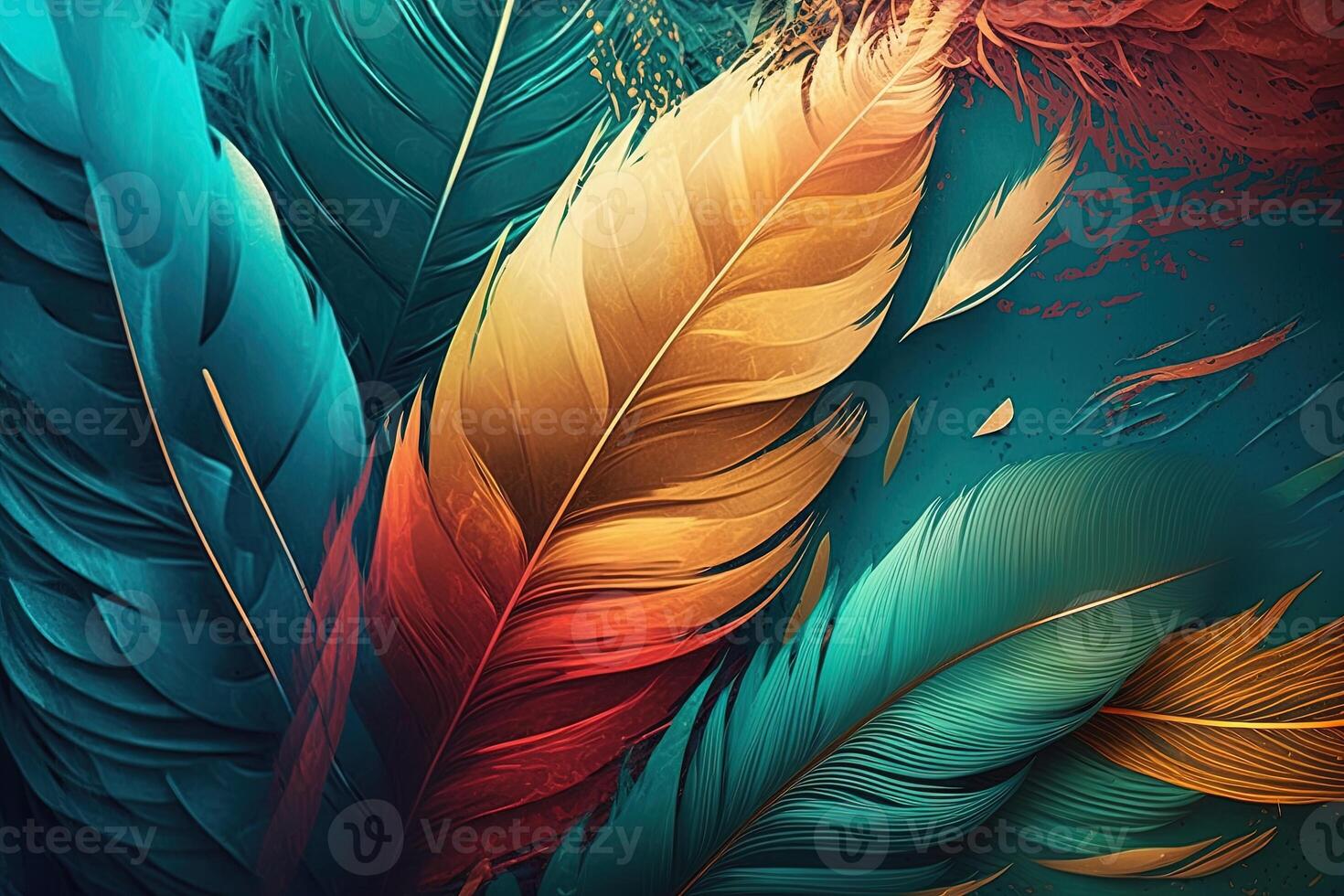 Abstract background with feather pattern, gradients and texture, digital painting in blue, green and gold, red, teal, orange colors, created with photo