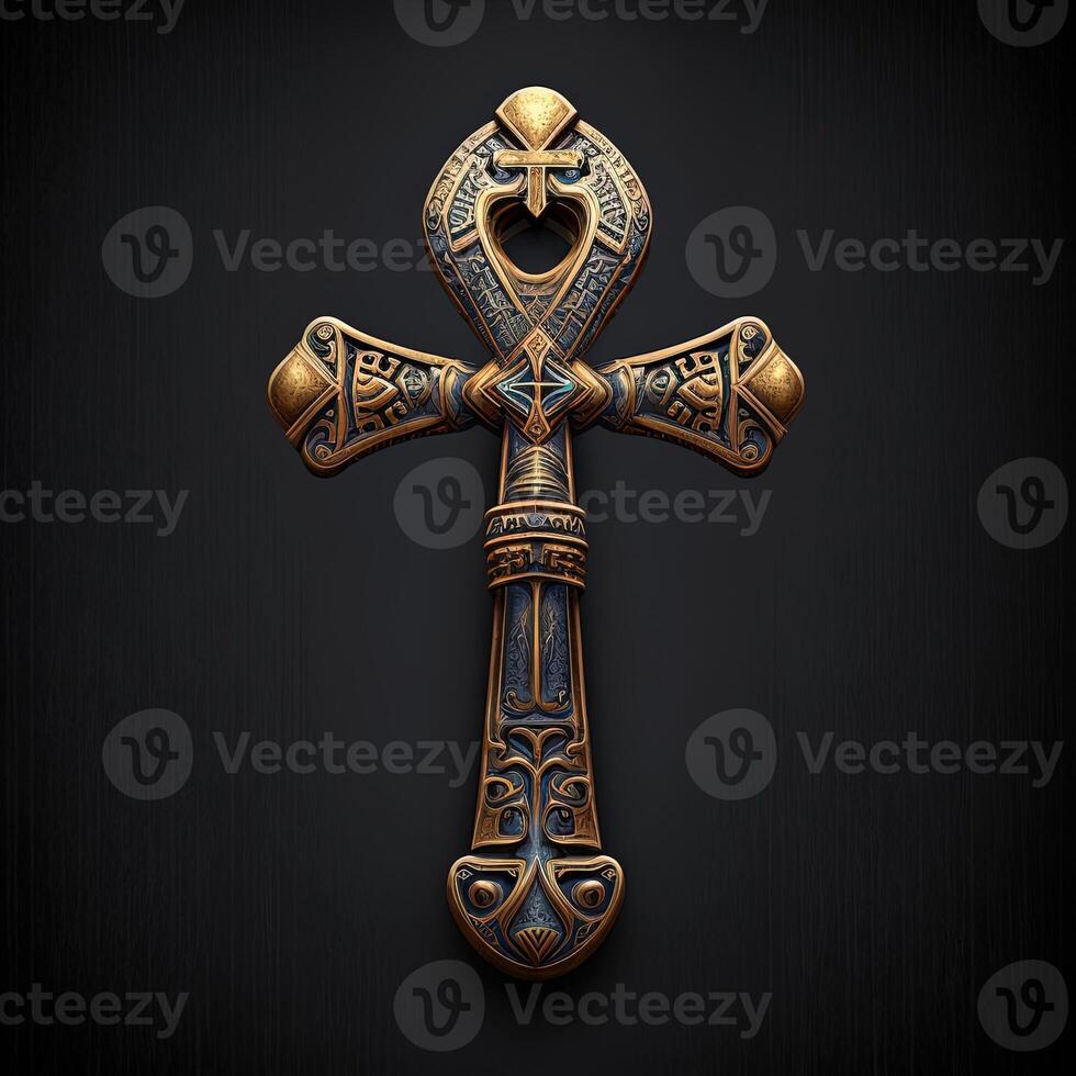 Ancient golden ankh symbol isolated on dark background. Illustration of an Egyptian cross in digital form. The ancient Egyptians used the Ankh as a symbol for eternal life. photo