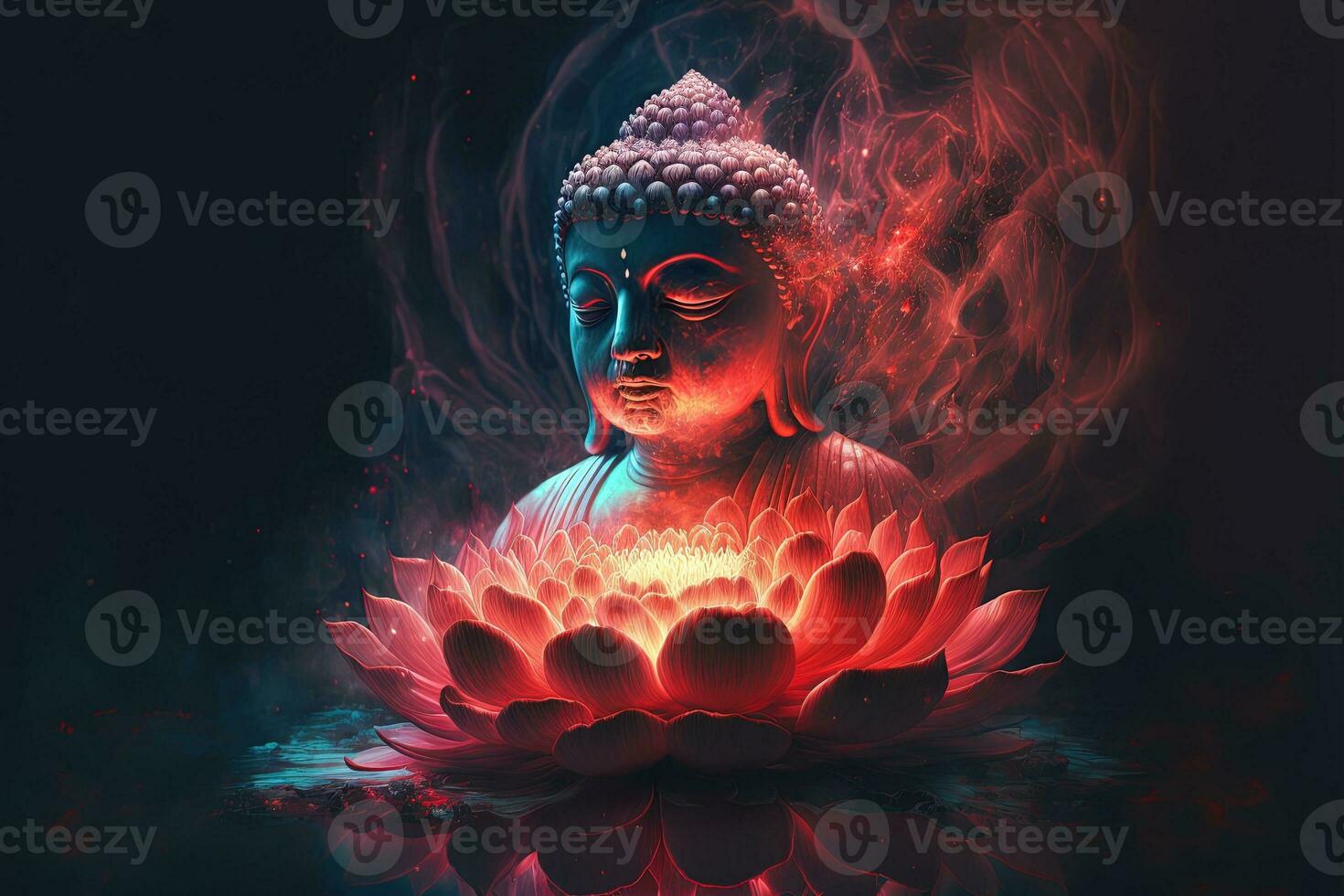 Beautiful light spectrum Buddha's light flashing, Bright red, yellow lotus flower, burning cloud-like petals, surrounded by magic chaos light, white smoke, falling reflected light, water pattern. photo
