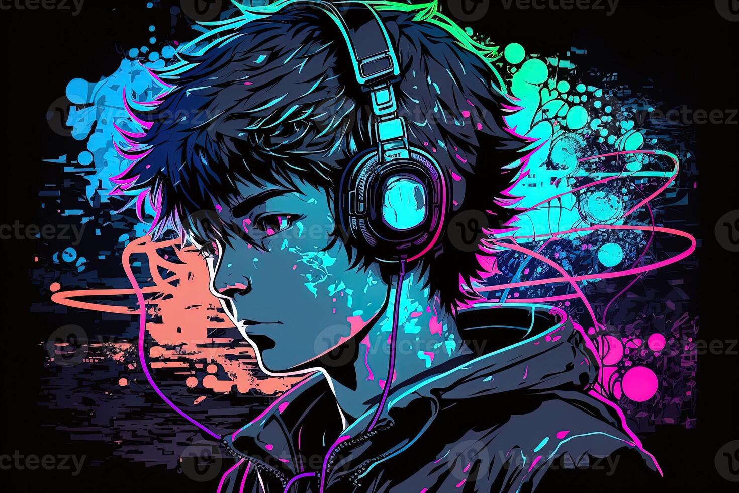an neon gamer anime fashion boy or man wearing headphones, lost in his music. abstract background that evokes the feeling of different genres of music. banner music concept photo