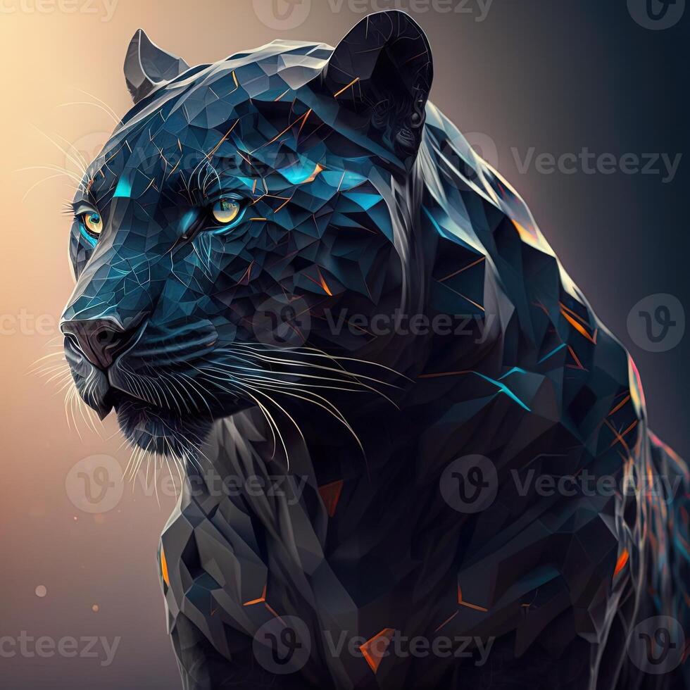 generativo ai ilustración de creativo de negro pantera hecho de vistoso geométrico formas en antecedentes. líder, coraje, fuerte y corajudo, majestuoso negro pantera. foto