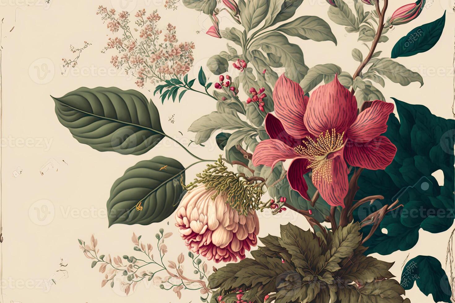 generativo ai hermosa fantasía Clásico fondo de pantalla botánico flor manojo, vintage motivo para floral impresión. foto