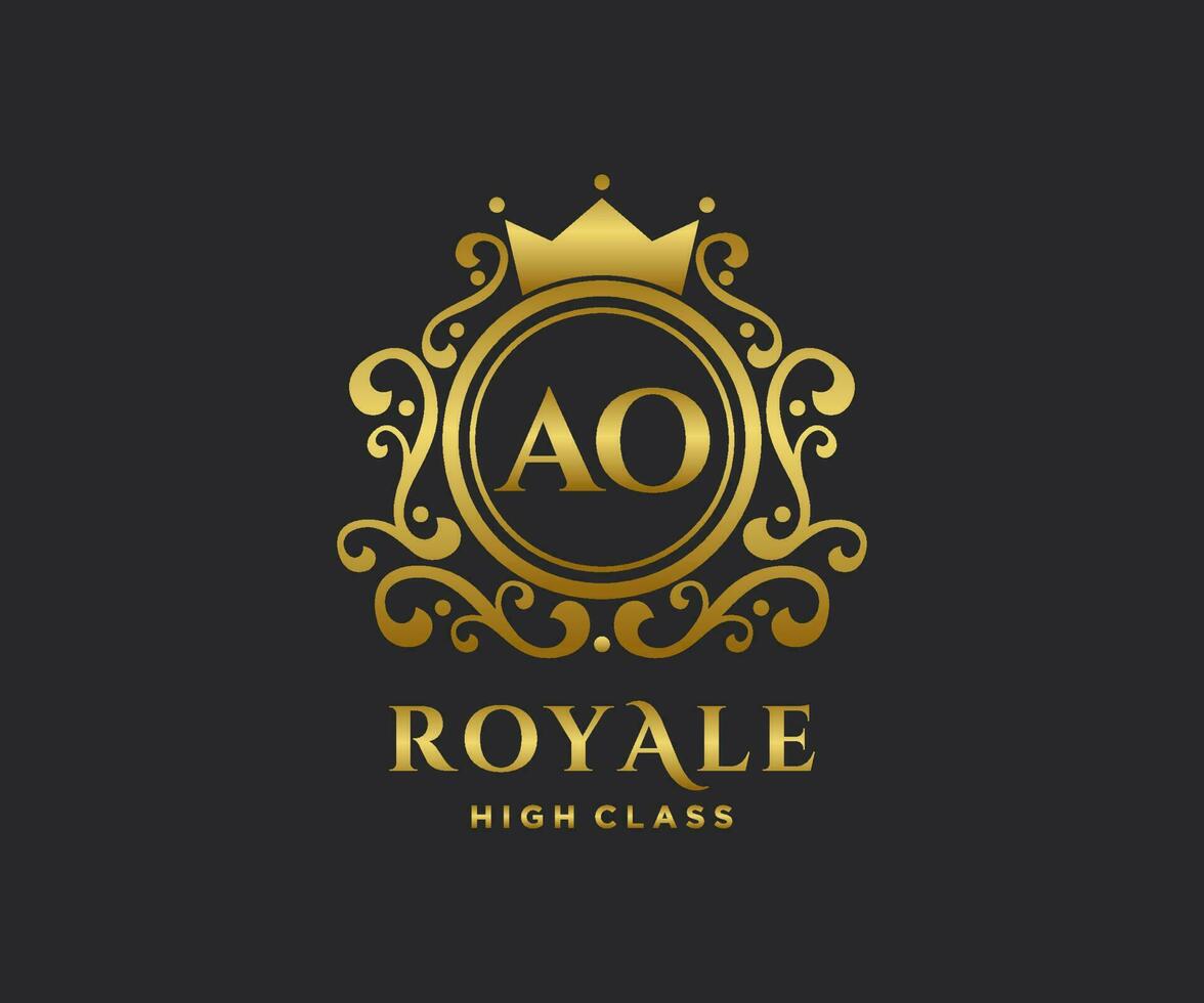Golden Letter AO template logo Luxury gold letter with crown. Monogram alphabet . Beautiful royal initials letter. vector