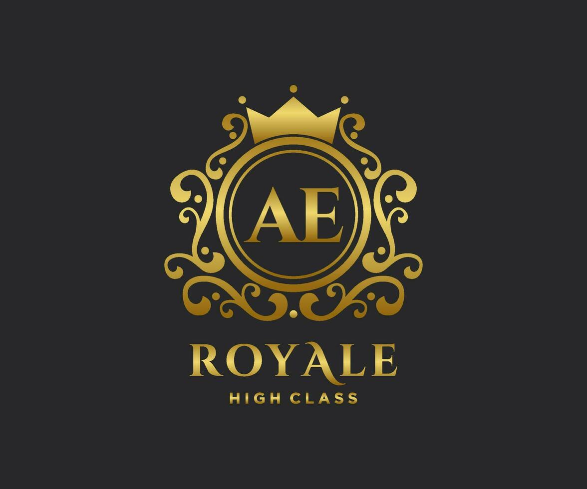Golden Letter AE template logo Luxury gold letter with crown. Monogram alphabet . Beautiful royal initials letter. vector