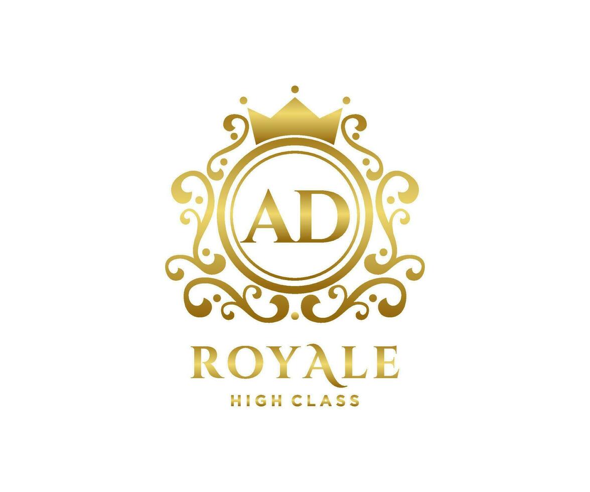 Golden Letter AD template logo Luxury gold letter with crown. Monogram alphabet . Beautiful royal initials letter. vector