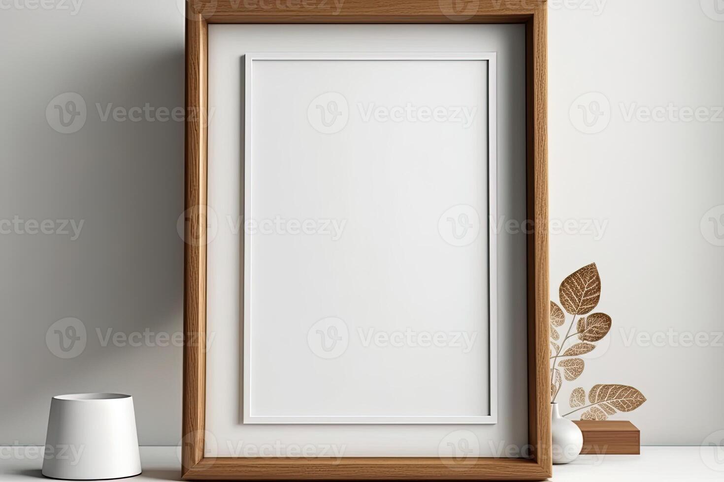 Blank picture frame mockup on wall in modern interior. Artwork template mock up in interior design. Wooden Picture Frame Mockup on White Wall Minimalist - photo